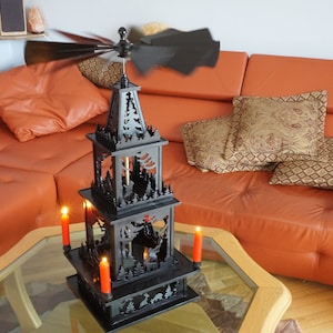 31&quot; Hunting scene Christmas Advent Erzgebirge 4 tiered Pyramid, black diecut cutout die cut out Christmas candleholder candle holder wooden
