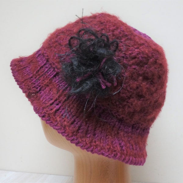 Burgundy Fedora Cloche hat, mohair brim skullcap, fuzzy furry beanie beret cap crochet knit bordeaux wine red handmade hand wool with flower