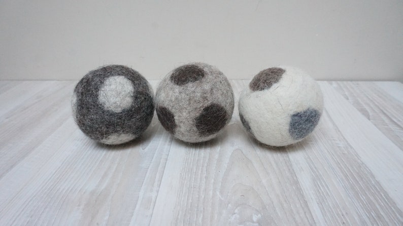 Wool dryer balls, large, set of 3, natural non dyed, felted, polka dots white beige grey brown laundry cat dog pet baby children image 10