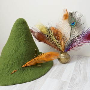 Green felted fairy hat felt wool with feather, festival sauna orange red peacock cap tribal Valentine Christmas carnival Scandinavian tomte image 4