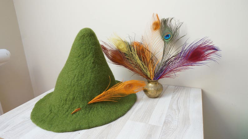 Green felted fairy hat felt wool with feather, festival sauna orange red peacock cap tribal Valentine Christmas carnival Scandinavian tomte image 4