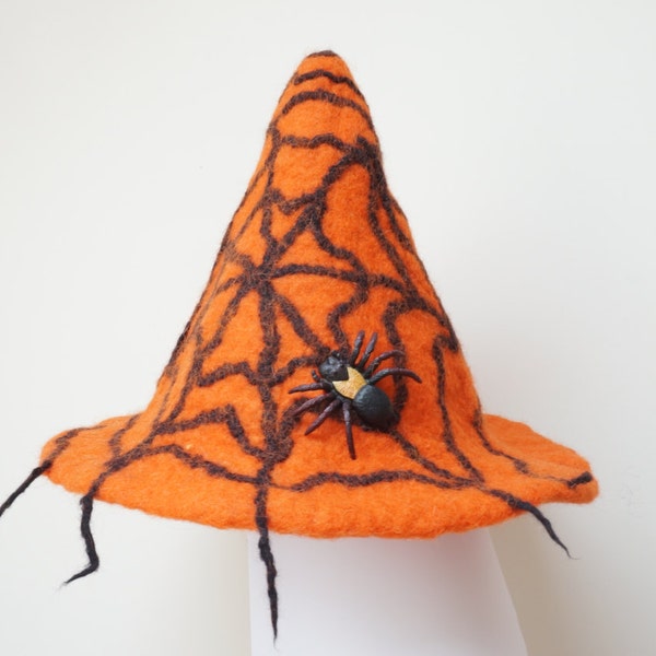 Araña y telaraña Sombrero de bruja de mago de Halloween naranja de fieltro con gorro de sauna festival tribal Año nuevo Carnaval de Navidad traje de espectáculo de gnomo