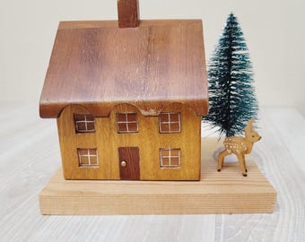 German Erzgebirge house incense smoker, vintage Christmas tree deer wooden räuchermännchen burner retro made in Germany
