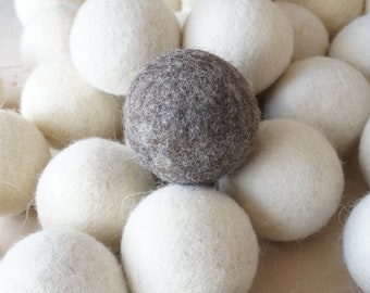 Set of solid wool dryer balls, large, natural non dyed, felted white grey laundry cat dog pet baby children toddler toy laundry softener