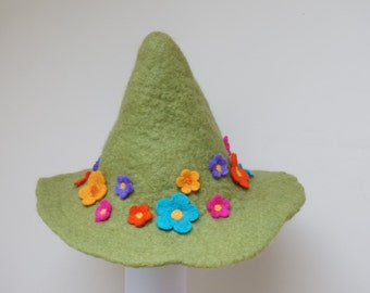 Floral green felt wool elf hat, felted with flowers troll gnome sauna cap tribal Christmas carnival festival Scandinavian fairytale inspired