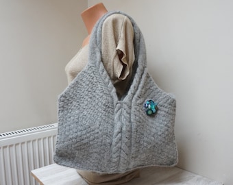3D texture big Gray boil Felt bag, button brooch hobo handbag, Scandinavian Wool crochet needle knit tote messenger geometric top handle