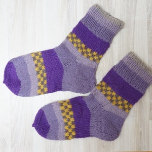 Purple gray yellow Socks Stockings hand knitted Leg warmer Christmas size 7 8 9 handmade unisex boy girl Wool woman scandinavian geometric image 4