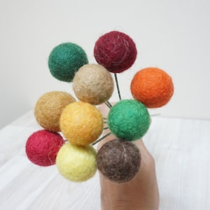 May include: A bouquet of felt balls in various colours, including red, orange, yellow, green, and brown. The balls are attached to thin wires and arranged in a cluster.