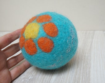 Big felt turquoise wool rattle ball, flower glitter extra large felted polka dots blue orange baby cat dog pet toddler toy game big children