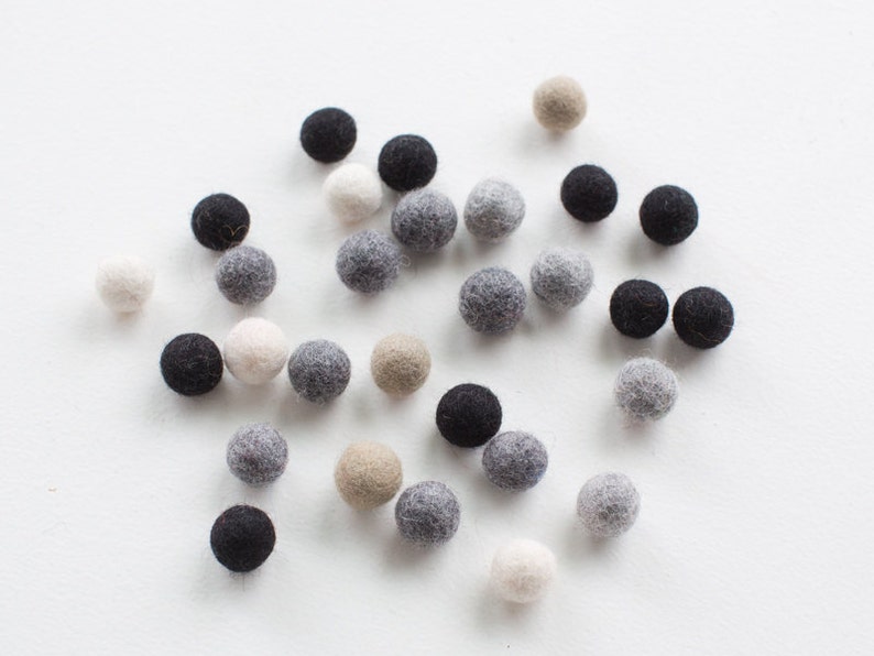 50 felt wool balls 1/2 in. size neutral mix color: black brown grey gray white beige camel round beads craft supply diy garland monochrome image 2