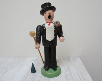 7" German man in top hat tuxedo incense smoker doll, vintage Christmas wooden Figurine made in Germany Erzgebirge burner räuchermännchen