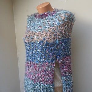 Warm spring ombre Mohair Knitting Summer Poncho Scarf shawl wrap crochet knit blue purple Shawl mesh net fishnet ooak handmade wool openwork image 8