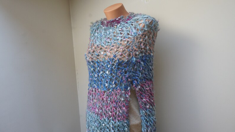 Warm spring ombre Mohair Knitting Summer Poncho Scarf shawl wrap crochet knit blue purple Shawl mesh net fishnet ooak handmade wool openwork image 8