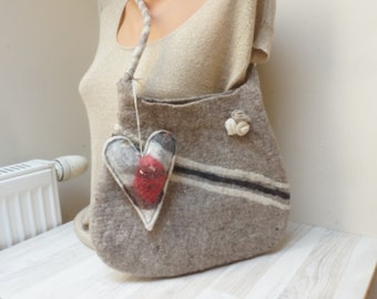 Gray felted bag, pebble design striped handbag, heart charm purse wool pouch, unique gift for her ooak tote messenger shoulder top handle