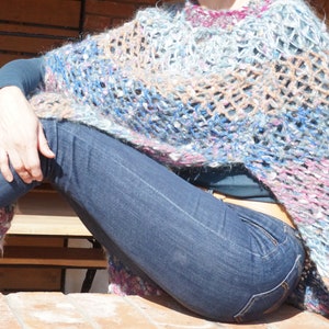 Warm spring ombre Mohair Knitting Summer Poncho Scarf shawl wrap crochet knit blue purple Shawl mesh net fishnet ooak handmade wool openwork image 6