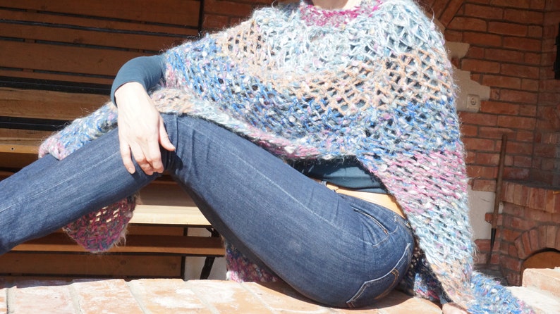 Warm spring ombre Mohair Knitting Summer Poncho Scarf shawl wrap crochet knit blue purple Shawl mesh net fishnet ooak handmade wool openwork image 6