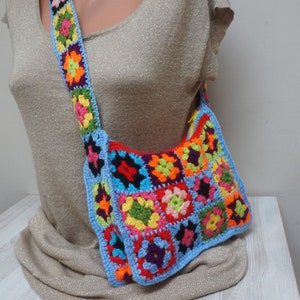 Granny square NEW crochet little bag, neon bright handbag knit messenger clutch shoulder hobo wool knit orange blue handmade vintage style