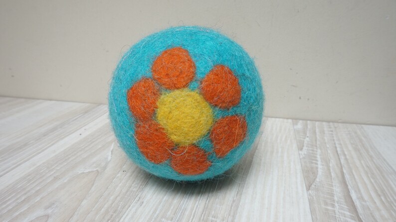 Big felt turquoise wool rattle ball, flower glitter extra large felted polka dots blue orange baby cat dog pet toddler toy game big children zdjęcie 6