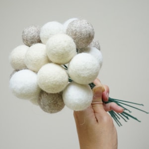 Felt pom pom flowers craspedia bouquet off white cream beige milk ivory wool ball pastel arrangement stem floral Easter Billy button neutral
