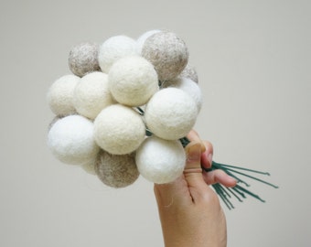 Felt pom pom flowers craspedia bouquet off white cream beige milk ivory wool ball pastel arrangement stem floral Easter Billy button neutral