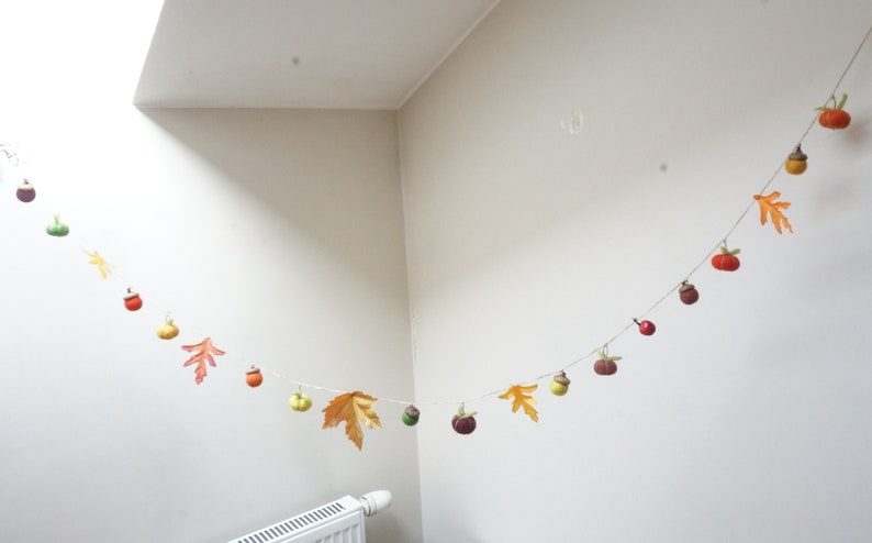 Fall Thanksgiving garland felt wool pumpkin acorn leaf orange red green yellow autumn Halloween leaves bunting home decor decoration felted image 7