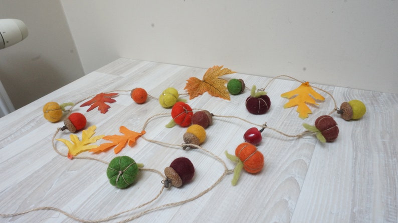 Fall Thanksgiving garland felt wool pumpkin acorn leaf orange red green yellow autumn Halloween leaves bunting home decor decoration felted image 8