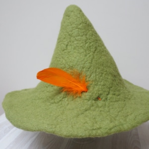 Green felted fairy hat felt wool with feather, festival sauna orange red peacock cap tribal Valentine Christmas carnival Scandinavian tomte Hat w.orange goose f