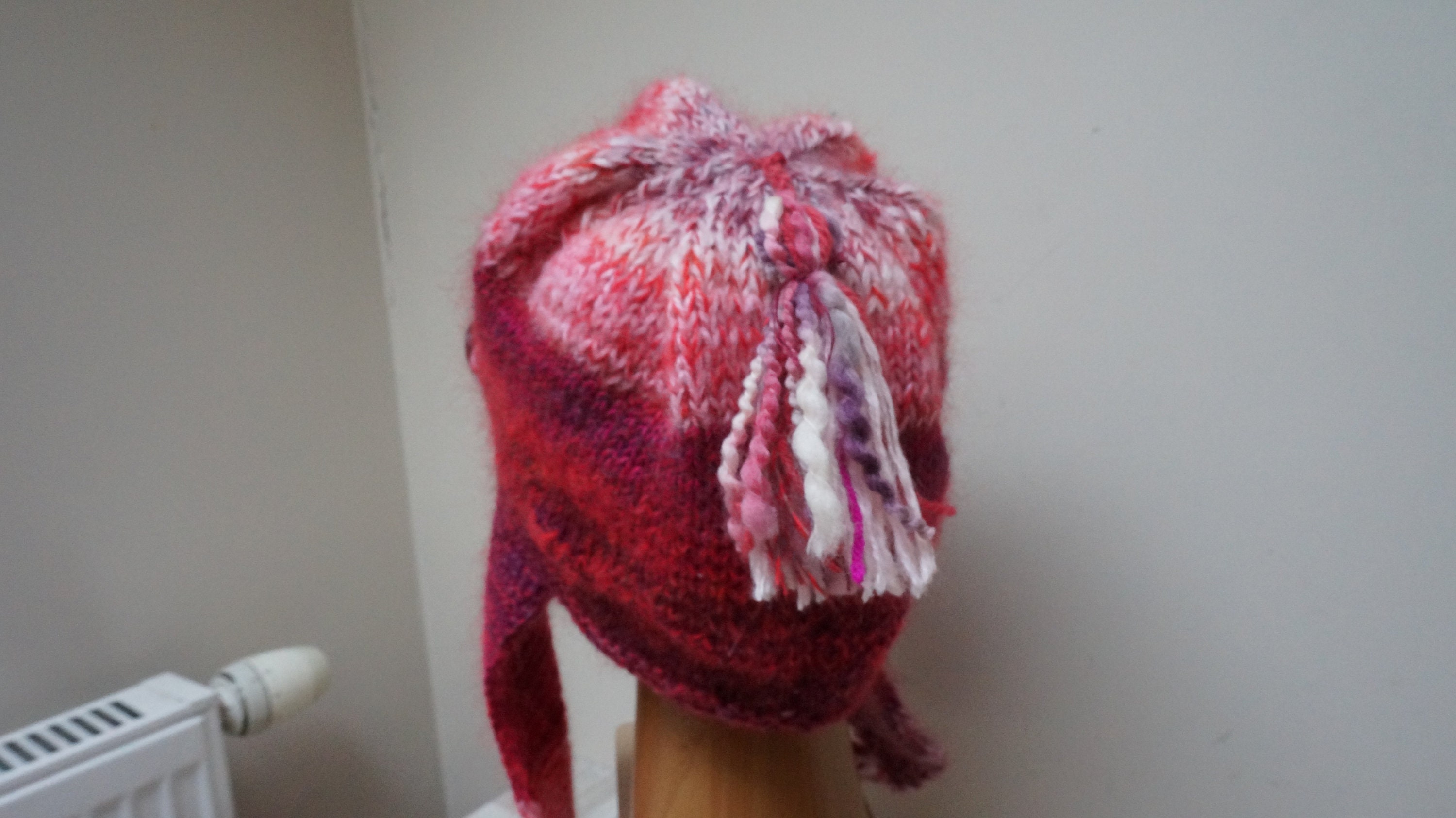Chunky Pink Red Stripe Mohair Earflap Warm Hat Tassel Sherpa 