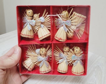 8 Scandinavian straw angel hanging ornament in box, Vintage Retro home Decor yellow red glitter bow Christmas tree bauble handmade hand made