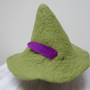 Green felted fairy hat felt wool with feather, festival sauna orange red peacock cap tribal Valentine Christmas carnival Scandinavian tomte Hat w.purple goose f