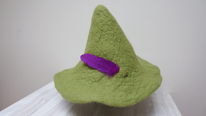 Green felted fairy hat felt wool with feather, festival sauna orange red peacock cap tribal Valentine Christmas carnival Scandinavian tomte Hat w.purple goose f