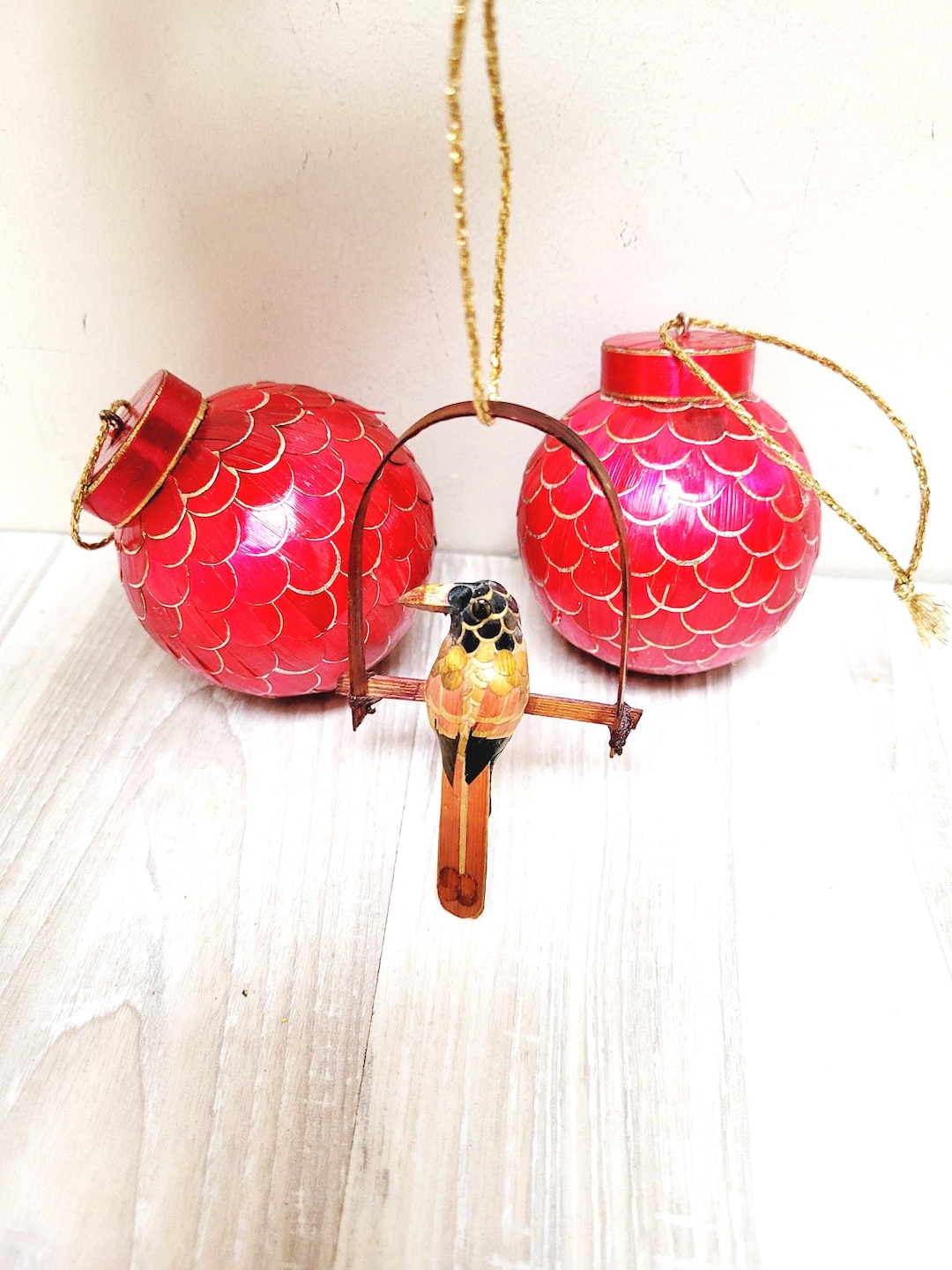 3 Straw Scale Shape Red Ball and Bird Hanging Ornaments, Christmas Set ...
