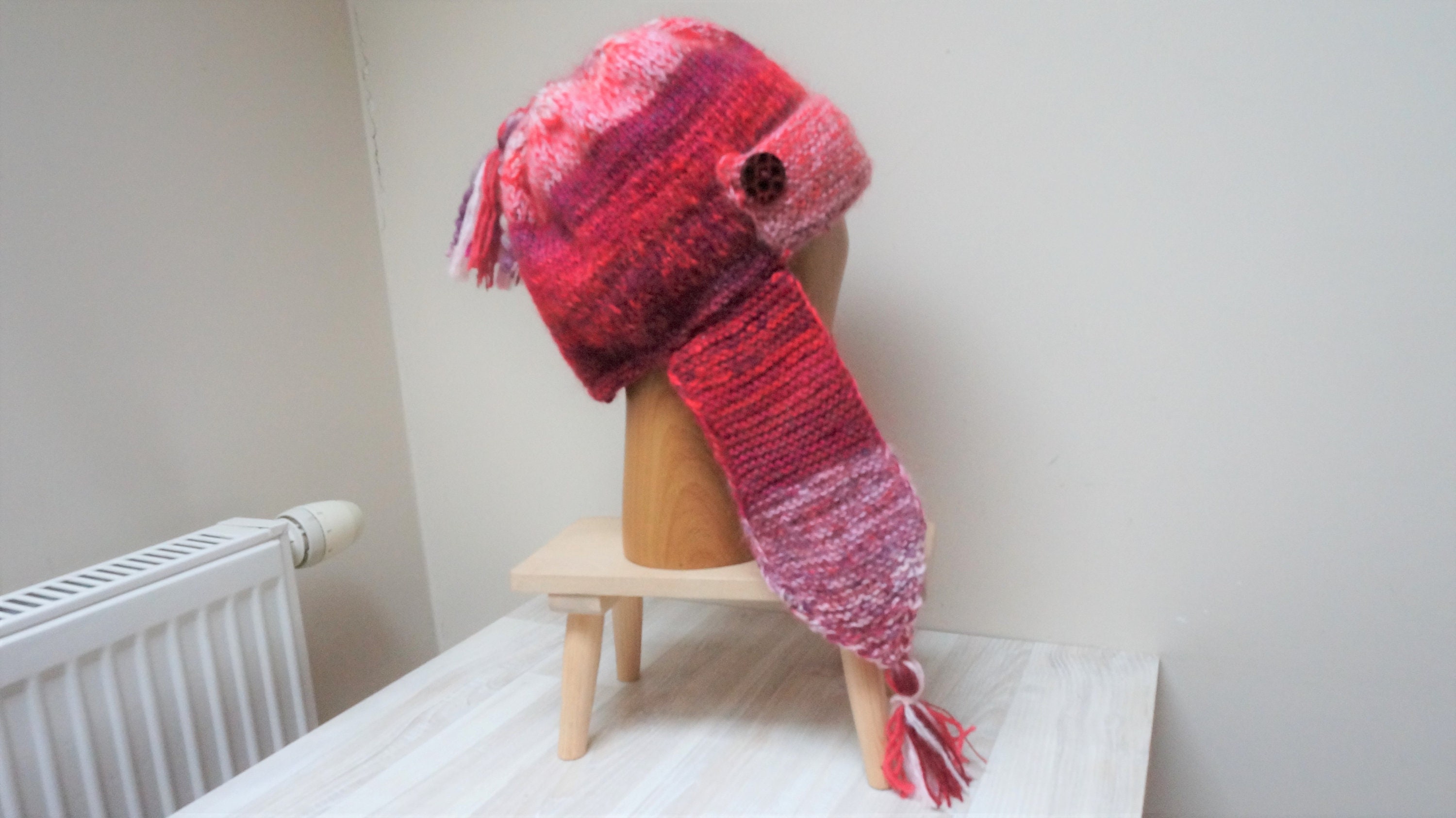 Chunky Pink Red Stripe Mohair Earflap Warm Hat Tassel Sherpa