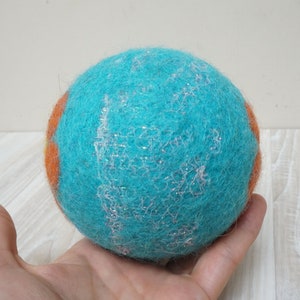 Big felt turquoise wool rattle ball, flower glitter extra large felted polka dots blue orange baby cat dog pet toddler toy game big children zdjęcie 3