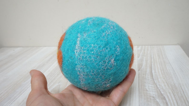 Big felt turquoise wool rattle ball, flower glitter extra large felted polka dots blue orange baby cat dog pet toddler toy game big children zdjęcie 3