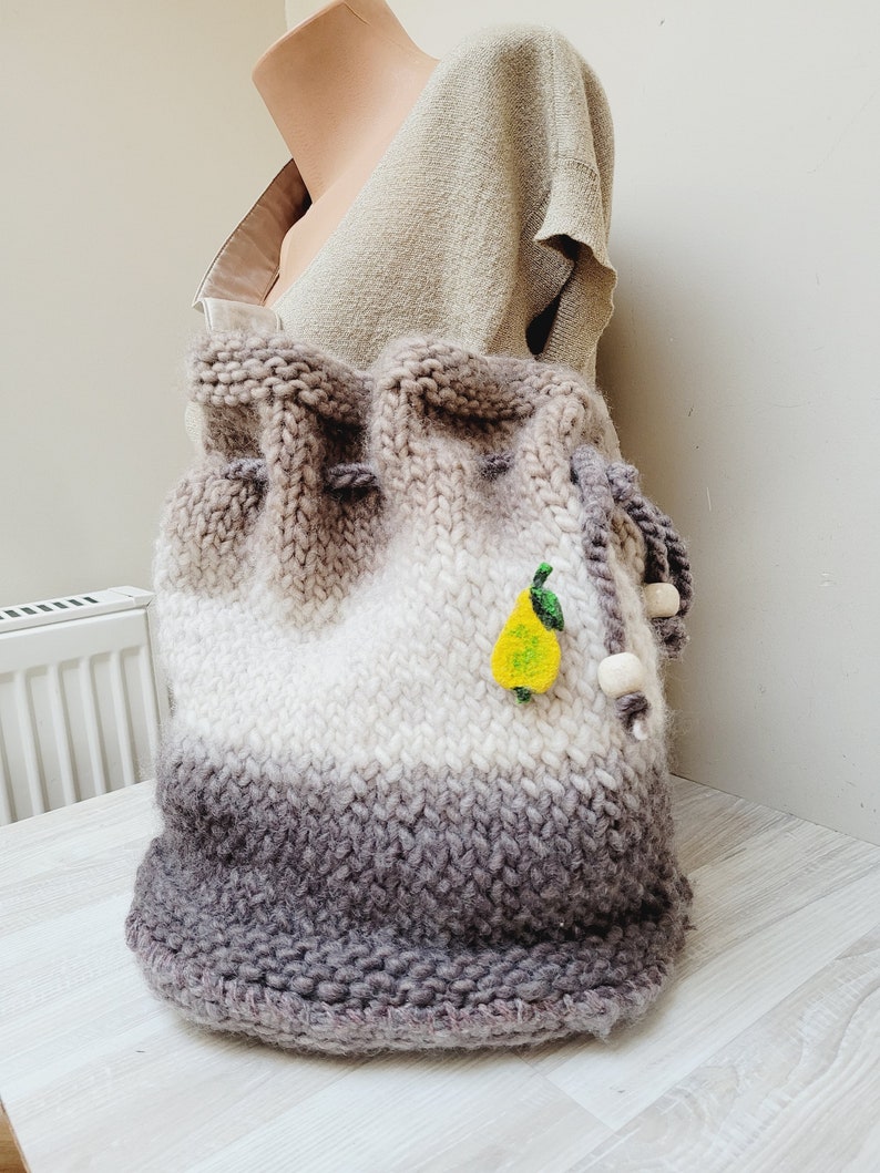Ombre brown/beige needle knitted bucket bag, drawstring crochet handbag knit folk tote, shoulder wool knit striped handmade hobo style big image 3