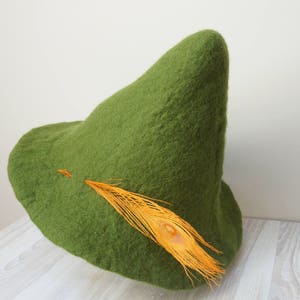 Green felted fairy hat felt wool with feather, festival sauna orange red peacock cap tribal Valentine Christmas carnival Scandinavian tomte Hat w.orange peacock