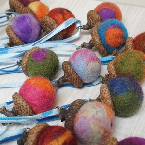 10 felted acorns ornament natural caps wool balls 0.75 1 in. size home Christmas tree hanging bauble decoration red purple turquoise Marbled mix