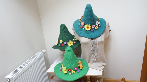 Floral Green Felt Wool Elf Hat, Felted With Flowers Troll Gnome