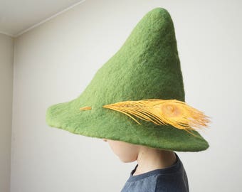 Green felted fairy hat felt wool with feather, festival sauna orange red peacock cap tribal Valentine Christmas carnival Scandinavian tomte