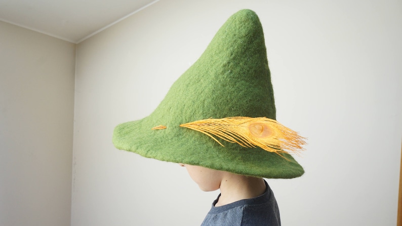 Hand felted Snufkin inspired hat - perfect festival, holiday or sauna accent! Also can serve as Leprechaun or Joxter (if in red option) hat! Hat can be decorated with goose or peacock feather - according to your choice.