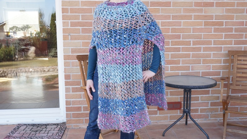 Warm spring ombre Mohair Knitting Summer Poncho Scarf shawl wrap crochet knit blue purple Shawl mesh net fishnet ooak handmade wool openwork image 2