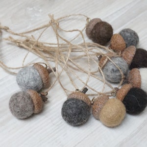 10 felted acorns ornament natural caps wool balls 0.75 1 in. size home Christmas tree hanging bauble decoration red purple turquoise neutral mix