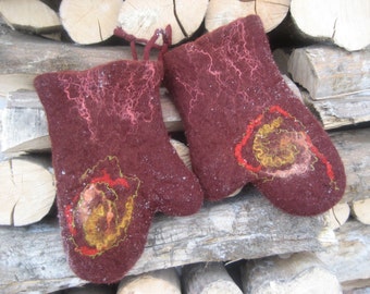 Felted wool kitchen oven mitts gloves pot holders decorated Gift under 50 Brown blue red purple green pink red black white rustic lady woman