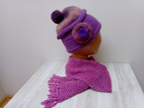 Paarse ombre Pom Pom baret muts en sjaal set muts bobbel - Etsy Nederland