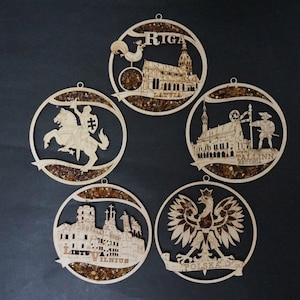 Patriotic Amber suncatcher Lithuania Latvia Estonia Poland Vytis Riga Vilnius mandala fridge magnet chip laser cut wooden ornament Baltic
