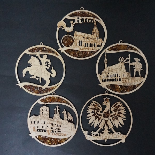 Patriotic Amber suncatcher Lithuania Latvia Estonia Poland Vytis Riga Vilnius mandala fridge magnet chip laser cut wooden ornament Baltic