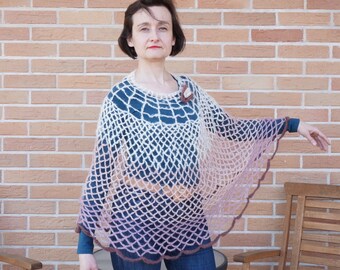 Blush pink ombre Mohair Knitting Summer Poncho Scarf shawl wrap crochet knit Shawl mesh net fishnet ooak handmade  wool openwork white brown