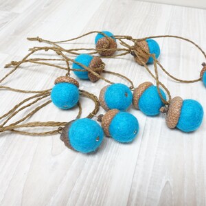 10 felted acorns ornament natural caps wool balls 0.75 1 in. size home Christmas tree hanging bauble decoration red purple turquoise Turquoise