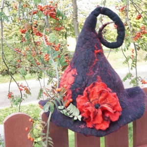 Halloween Witch hat black red felted with felt wool flower rose orange brooch sauna cap tribal Valentine New year Christmas carnival